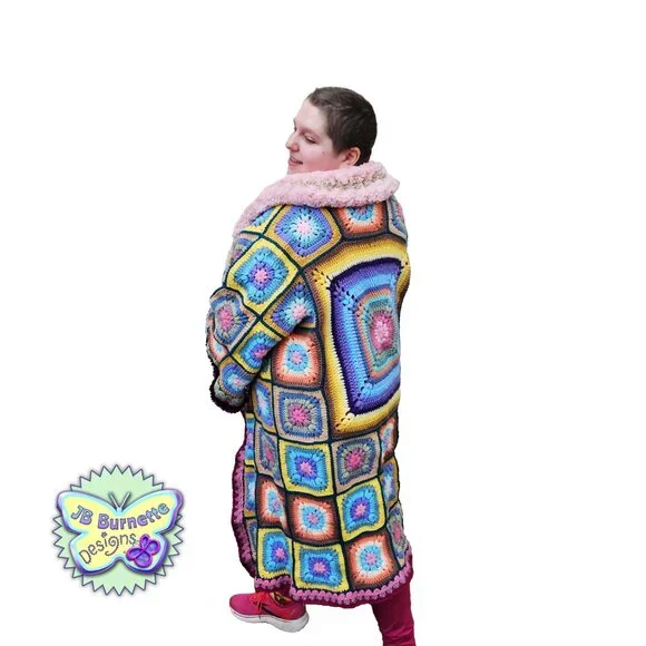 Original Handmade Cardigan Coat of Many Colors, Crochet Granny Square Robe - Picture 3 of 7